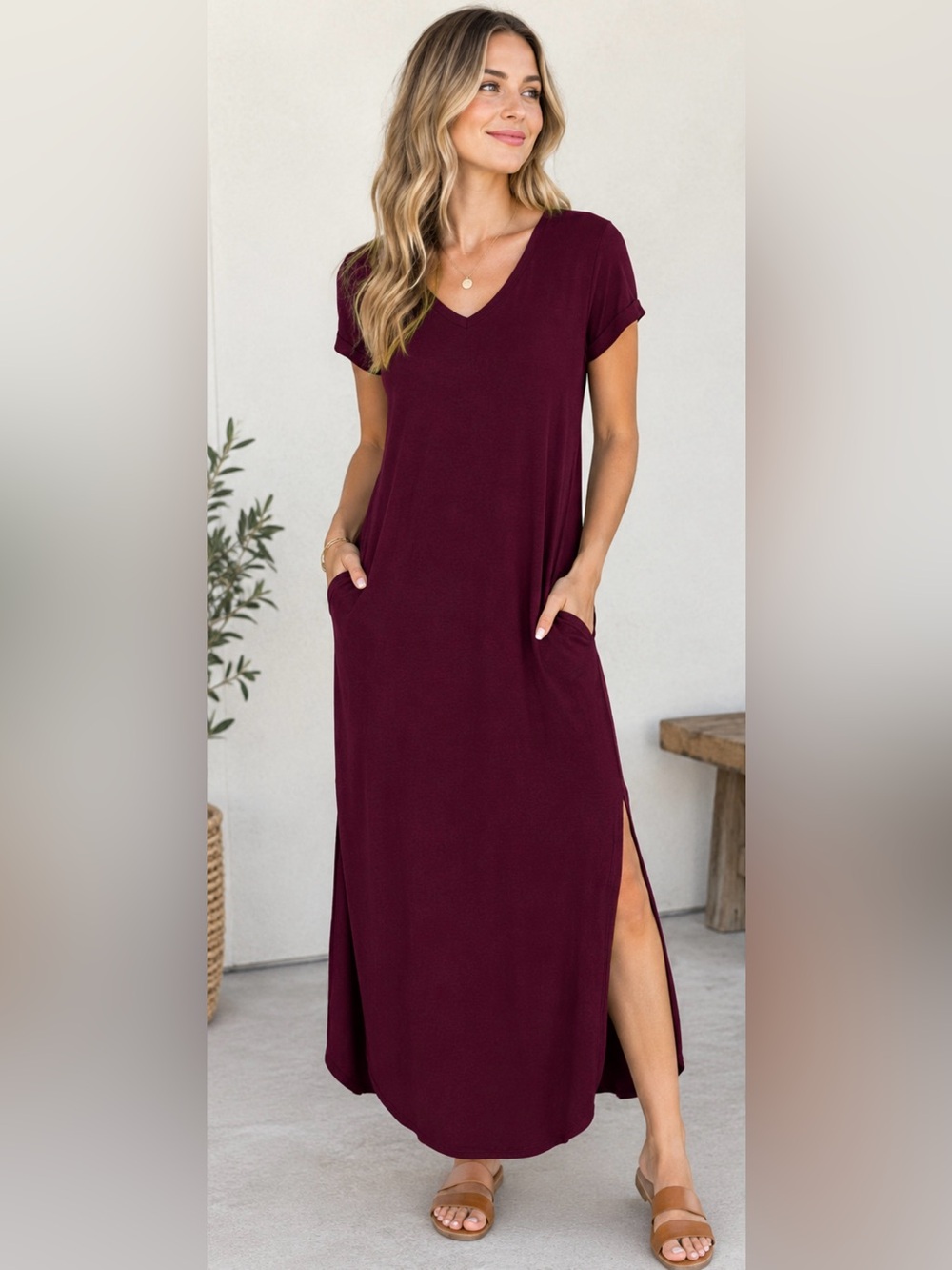 Red Lolly V-Neck Burgundy Maxi Dress with Side Slits and Pockets
